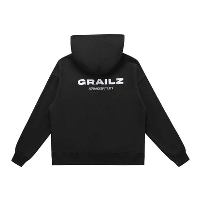Black Grailz Essential hoodie with GRAILZ ADVANCED UTILITY logo on back