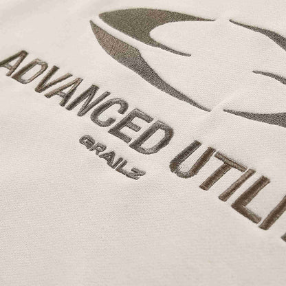 Beige hoodie sleeve graphic text: ADVANCED UTILITY and Grailz logo