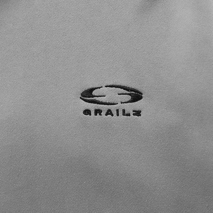 Grey hoodie small chest logo emblem.