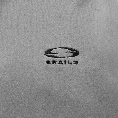 Grey hoodie small chest logo emblem.