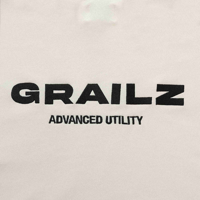 Beige hoodie back logo reading GRAILZ and ADVANCED UTILITY.
