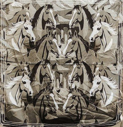 Gray horse collage wild rag scarf with repeating monochrome horse faces