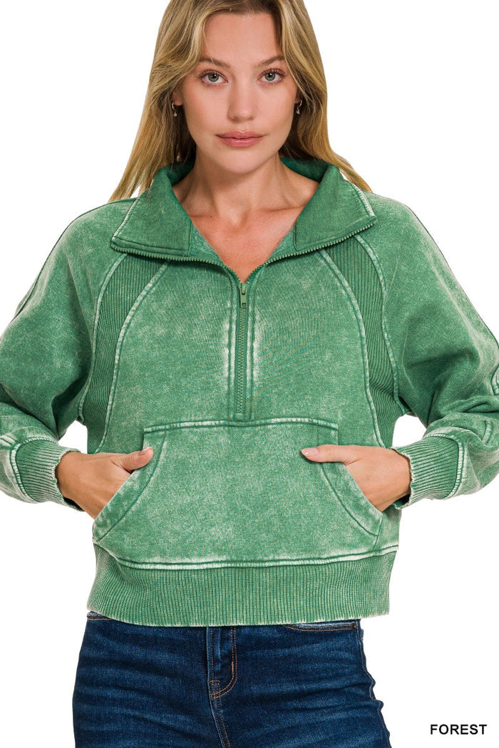 Green 1/4-zip kangaroo pocket sweatshirt with ribbed cuffs and hem