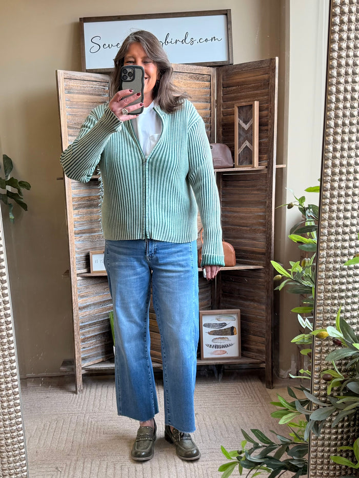 Light green ribbed knit zip-front cotton cardigan, long sleeves, standing collar