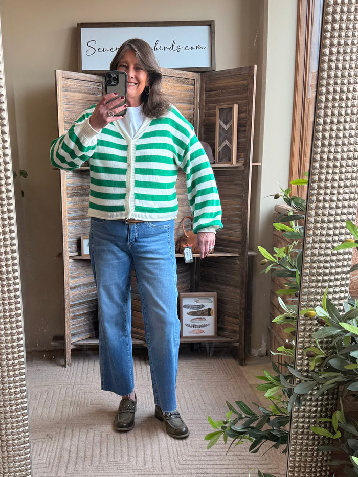 Green and white striped cardigan, button-front with white collar and ribbed cuffs