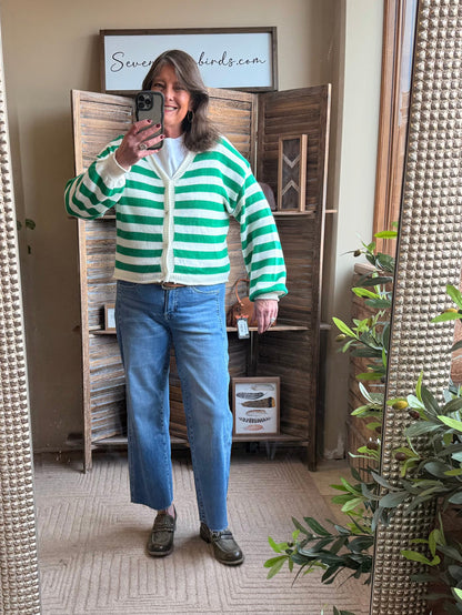 Green and white striped cardigan, button-front with white collar and ribbed cuffs