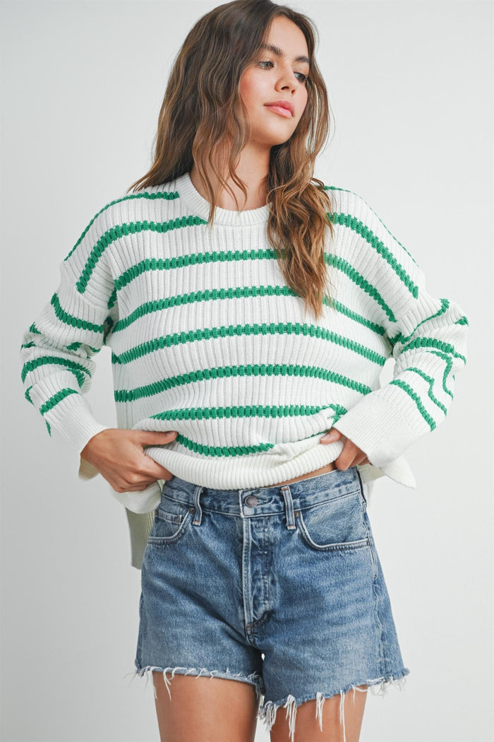 Striped crew neck sweater, green and white knit with long sleeves