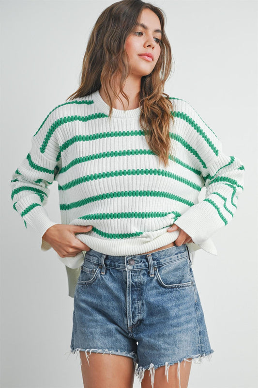 Striped crew neck sweater, green and white knit with long sleeves