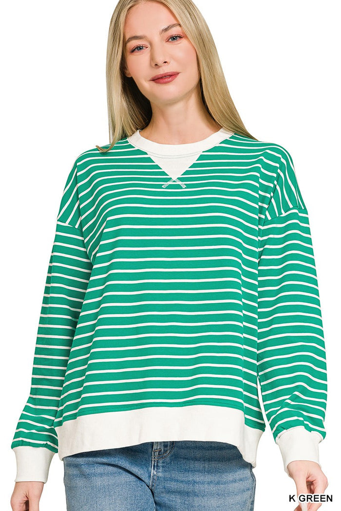 Green and white striped lightweight V-neck sweatshirt with long sleeves and ribbed cuffs