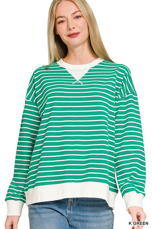 Green and white striped lightweight V-neck sweatshirt with long sleeves and ribbed cuffs