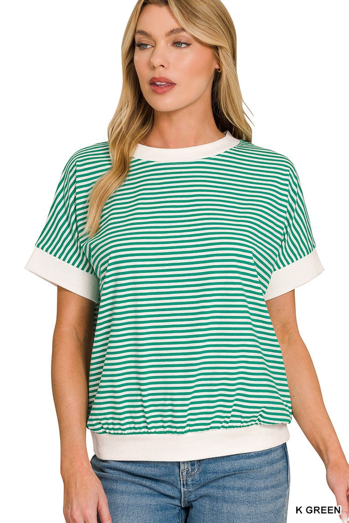 Green and white striped crew-neck T-shirt with short sleeves, relaxed fit