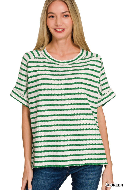 Green and white striped textured T-shirt with ribbed crew neck and short sleeves
