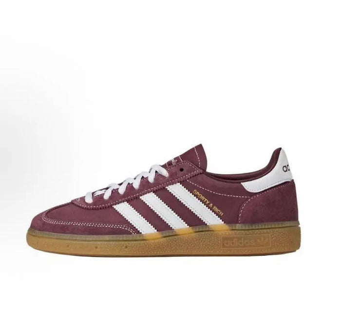Adidas Handball Spezial sneakers, maroon suede, white stripes, gum sole