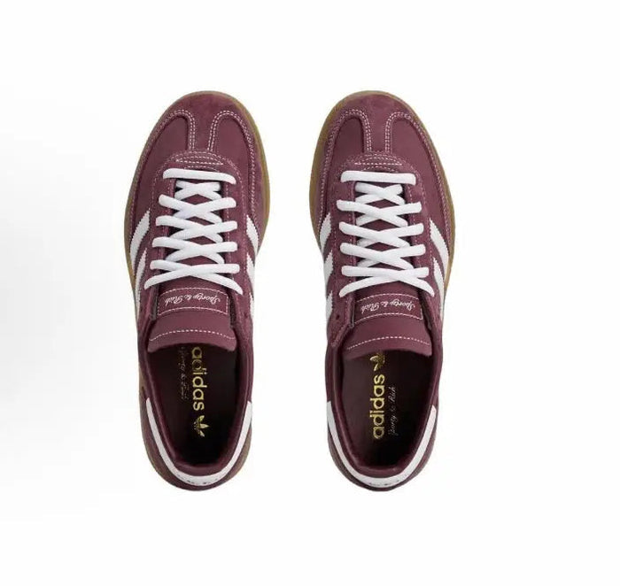 Adidas Handball Spezial sneakers, maroon suede, white laces, Adidas logo on tongue