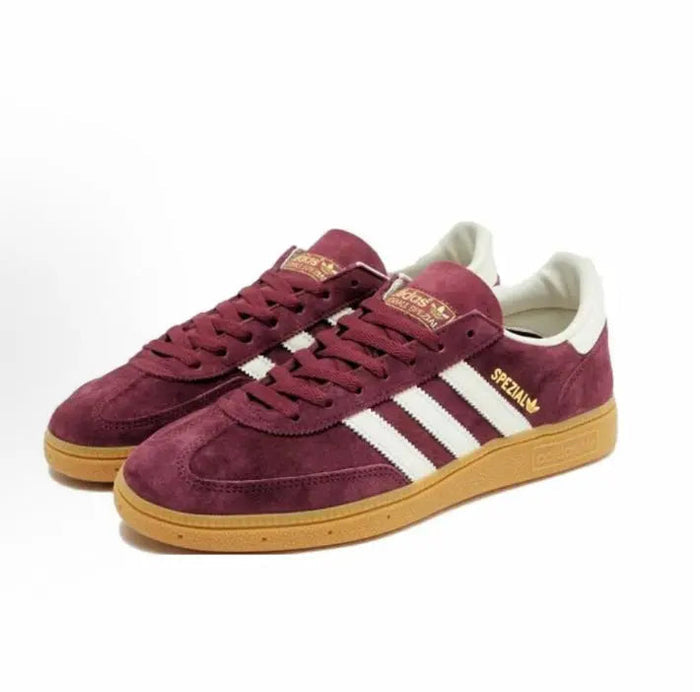 Adidas Handball Spezial sneakers, burgundy suede uppers, white stripes, tan-gum sole