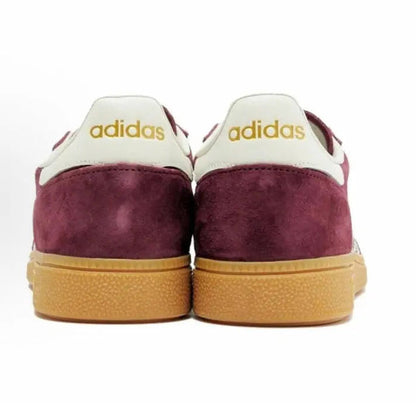 Adidas Handball Spezial sneakers with burgundy heel panels, white midsoles, gum outsoles