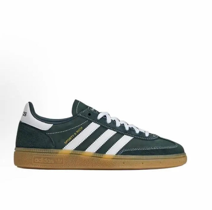 Handball Spezial sneakers with dark green leather, white stripes, and gum sole