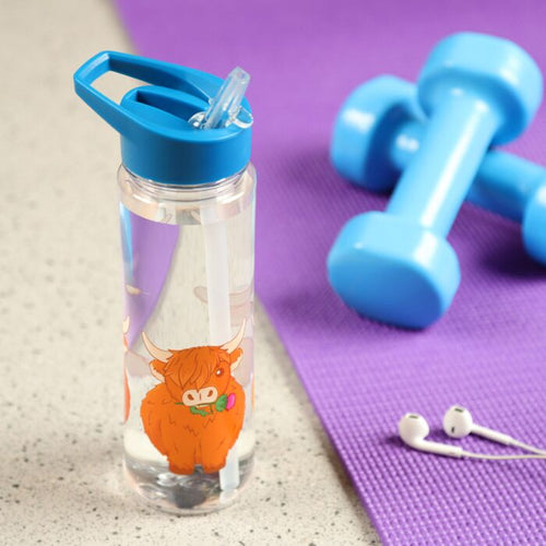 highland coo reusable water bottle shown filled during sports or active lifestyle use
