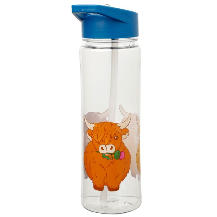 highland coo reusable water bottle angled view highlighting printed scottish cow design