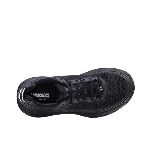 Hoka Bondi 6 black lace-up running shoes side view with textured upper