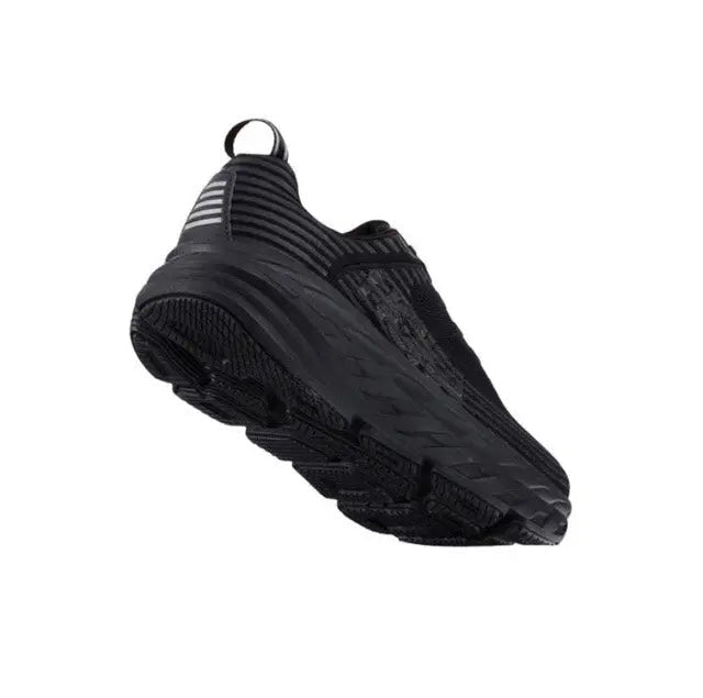 Hoka Bondi 6 black running shoes angled heel view with pull tab