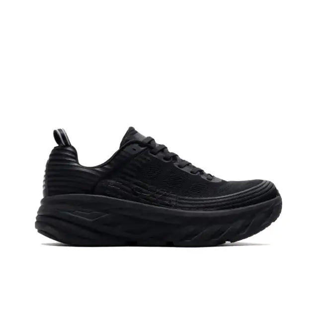 Hoka Bondi 6 black lace-up running shoes side profile with rugged sole