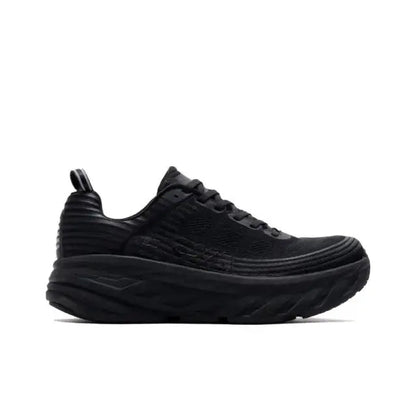 Hoka Bondi 6 black lace-up running shoes side profile with rugged sole