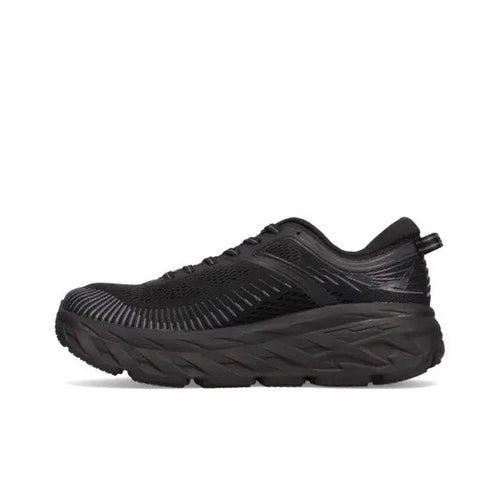 Black running shoe with knit upper, lace-up, and thick cushioned sole