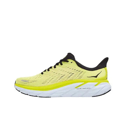 Hoka Clifton 8 running shoe, lime yellow knit upper, black laces, white midsole