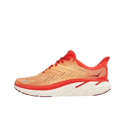 Hoka Clifton 8 running shoe, tan upper with red accents and white midsole
