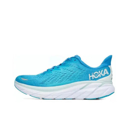 Hoka Clifton 8 running shoe, blue knit upper with white midsole and teal accents