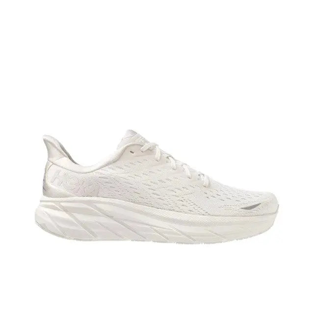 Hoka Clifton 8 running shoe: white knit upper, lace-up, thick cushioned sole