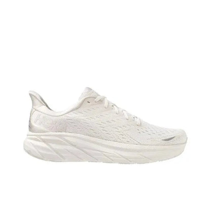 Hoka Clifton 8 running shoe: white knit upper, lace-up, thick cushioned sole