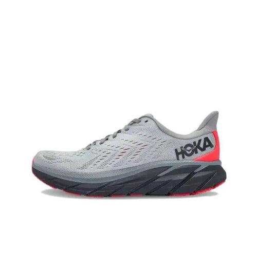 Hoka Clifton 8 running shoe with light gray mesh upper, black and red midsole