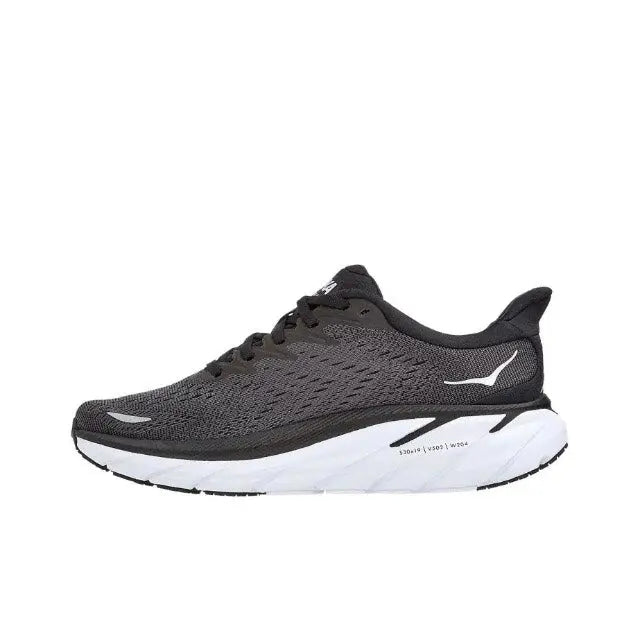 Hoka Clifton 8 running shoe, dark gray knit upper with white midsole