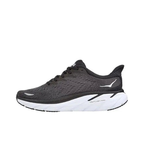 Hoka Clifton 8 running shoe, dark gray knit upper with white midsole