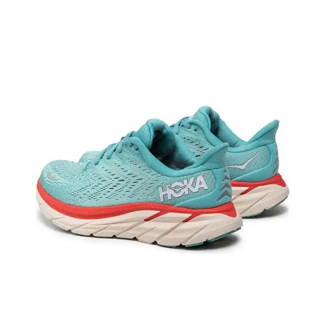 Hoka Clifton 8 teal running shoe with red trim and white midsole