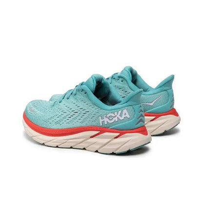 Hoka Clifton 8 teal running shoe with red trim and white midsole