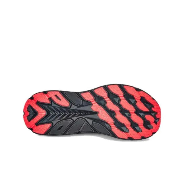 Hoka Clifton 8 outsole with red traction pattern and black geometric tread
