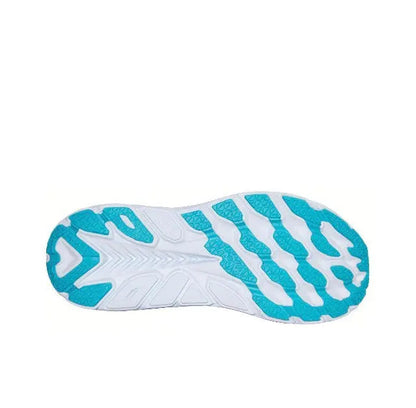 Hoka Clifton 8 running shoe outsole, blue tread pattern with white rubber sections