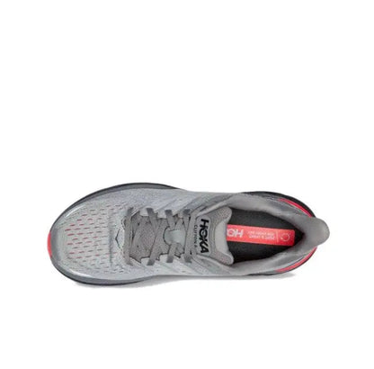 Hoka Clifton 8 shoe heel view, light gray mesh upper and HOKA logo on tongue