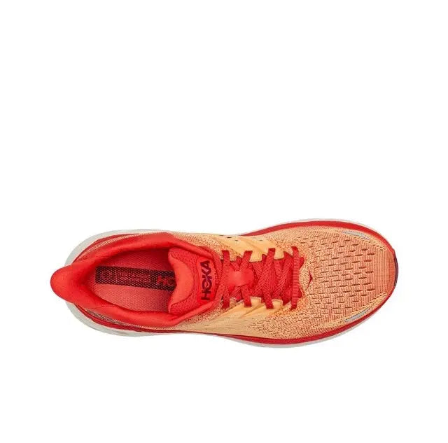 Clifton 8 running shoe, tan mesh upper with red laces and padded collar