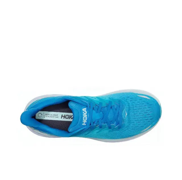 Hoka Clifton 8 running shoe, blue interior view with blue laces and HOKA logo