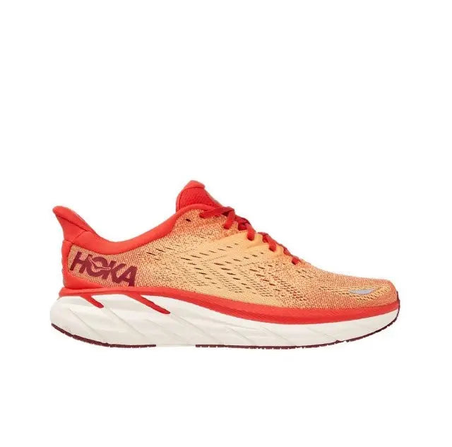 Clifton 8 running shoe, tan knit upper with red heel and white midsole