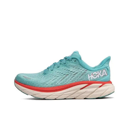 Teal lace-up running shoe with HOKA logo, red side stripe and white midsole