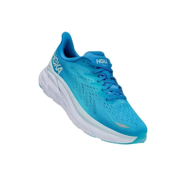 Hoka Clifton 8 running shoe, blue mesh upper with white midsole and heel logo