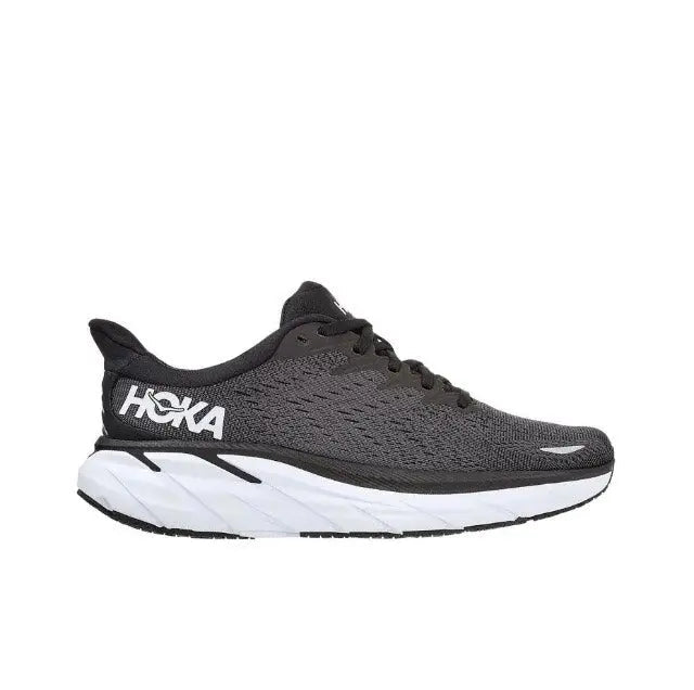 Running shoe, dark gray knit upper with Hoka logo and white midsole