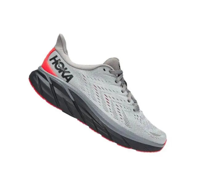 Hoka Clifton 8 running shoe, light gray mesh upper with black side panel and red heel
