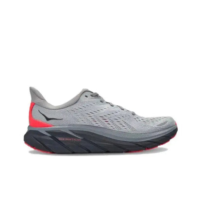 Hoka Clifton 8 running shoe, light gray mesh upper with black midsole and red accents