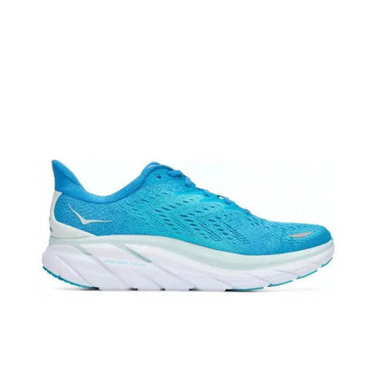 Hoka Clifton 8 running shoe, blue knit upper with white midsoles and curved logo detail